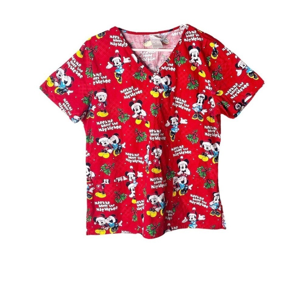 Disney Mickey Minnie Mouse Meet Me Under Mistletoe Christmas Scrub Top Medium
